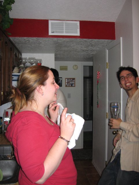 Cory overly amused with himself, Tara... holding a rag?